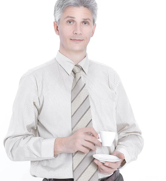 有信心的商人喝杯咖啡. 隔离在白色 — 图库照片