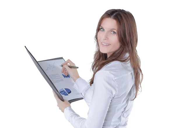 Close up.business woman checks financial charts — Stock Photo, Image