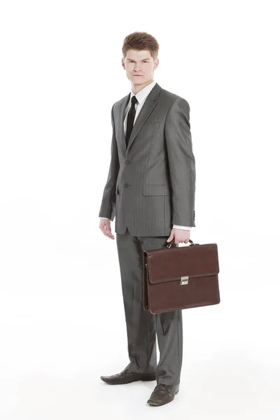 In full growth.young businessman with a leather briefcase. — Stock Photo, Image