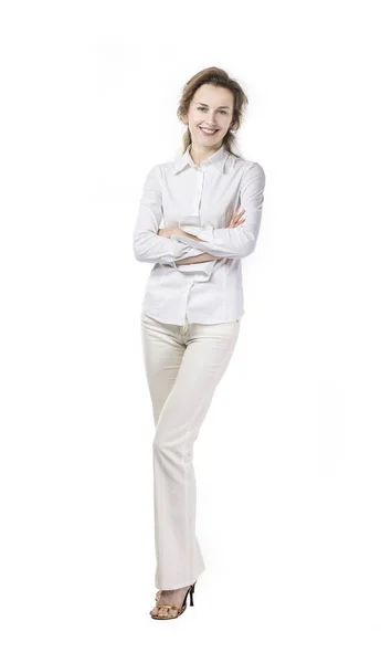 Portrait of successful business woman in a stylish white pantsuit over a white background — Stock Photo, Image