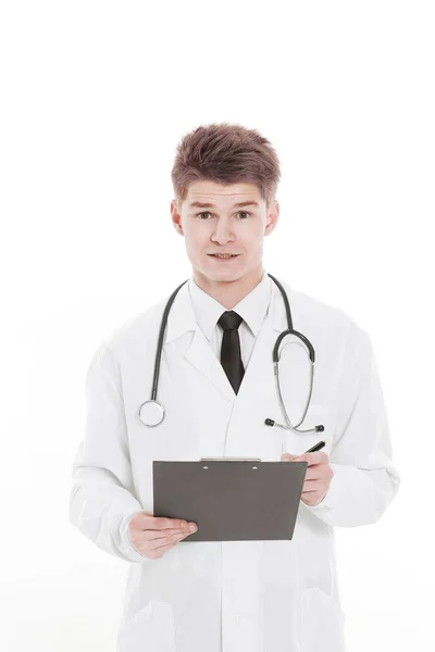 Medico pediatra con documents.isolated su sfondo bianco — Foto Stock