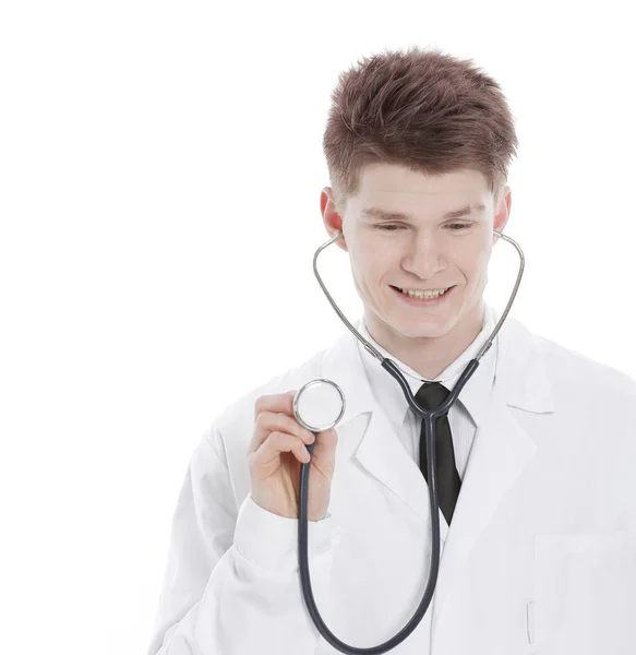 Closeup.successful γιατρός με ένα stethoscope.isolated σε ένα λευκό — Φωτογραφία Αρχείου
