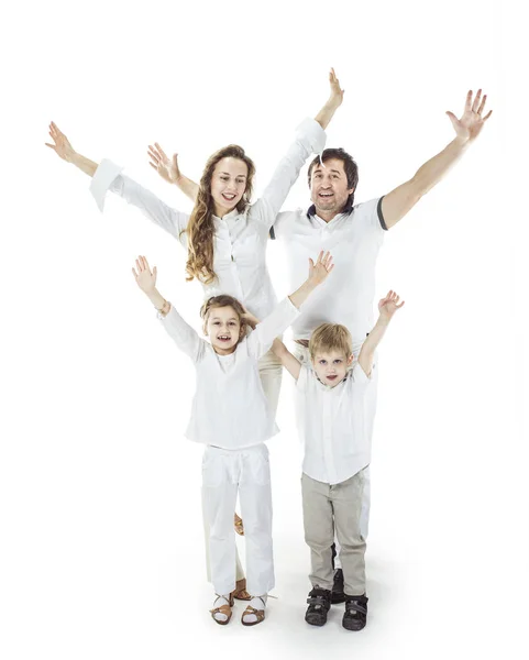Concept of family victory: a portrait of the triumphant family with gesture of hands up — Stock Photo, Image