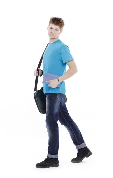 Student med bok och väska med laptop. — Stockfoto