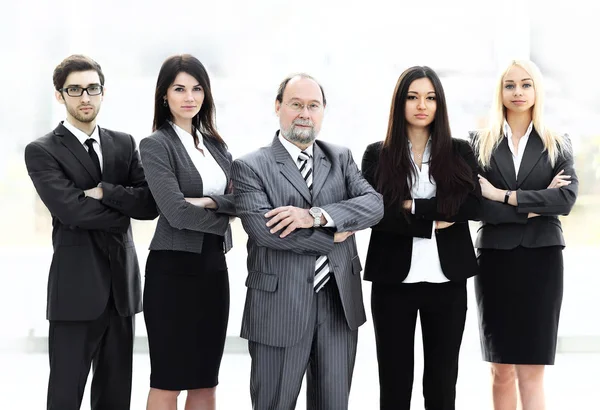 Portret van vertrouwen business team op onscherpe achtergrond office — Stockfoto