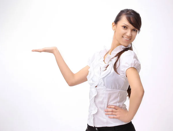 Closeup.young business woman pointing at copy space — Stock Photo, Image