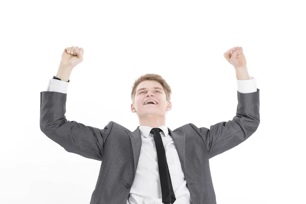 Closeup.a muito feliz jovem businessman.isolated em um branco — Fotografia de Stock