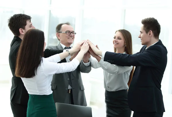 Close up.boss and business team joining hands togethe — Stock Photo, Image