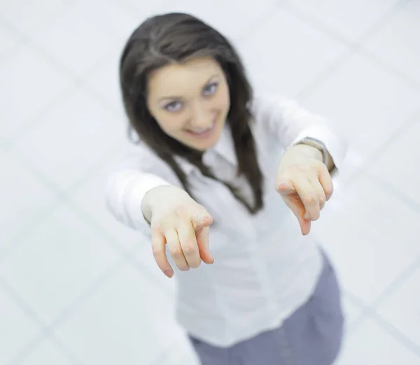 Vista desde el top.in completo growth.successful mujer de negocios mostrando hacia adelante —  Fotos de Stock