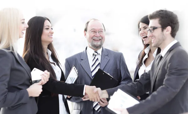 Professional business team and shaking hands of young business partners in the office — Stock Photo, Image