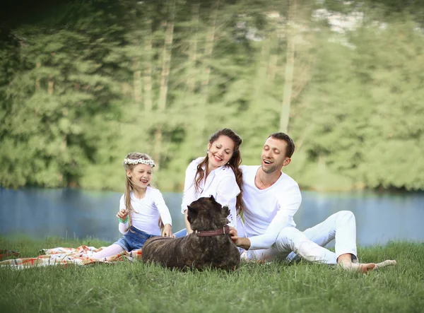 Szczęśliwa rodzina z psem na pikniku w słoneczny letni dzień. pregn. — Zdjęcie stockowe
