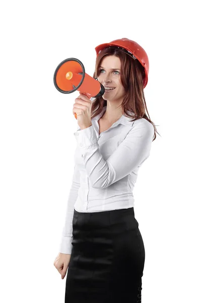 Jeune femme architecte avec casque orange dit en mégatonnage — Photo