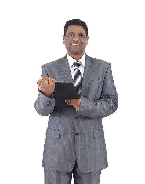 Виконавчий бізнесмен з документами. ізольовано на білому — стокове фото