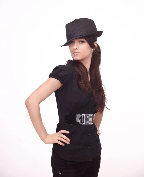 Stijlvolle jongedame in pak en hoed. — Stockfoto