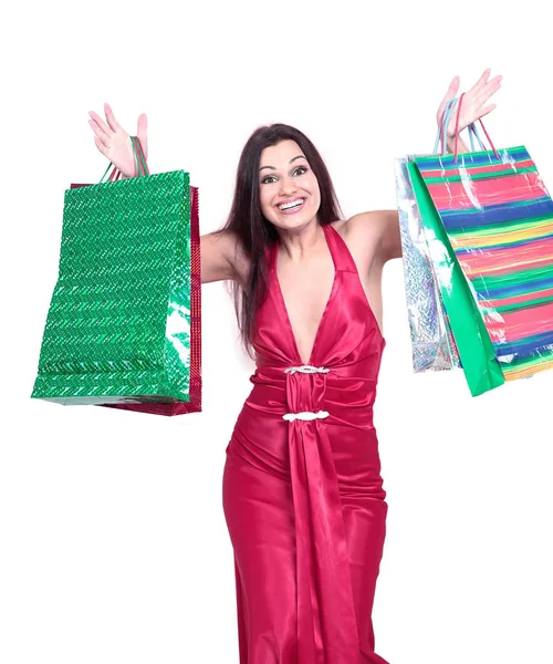 Hermosa mujer con bolsas de compras para las compras de Navidad . —  Fotos de Stock