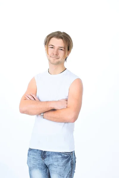 Portier stylischer Typ in weißem T-Shirt und Jeans — Stockfoto
