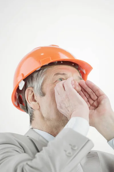 Closeup Confident Senior Engineer Shouting Isolated White Background — Stock Photo, Image