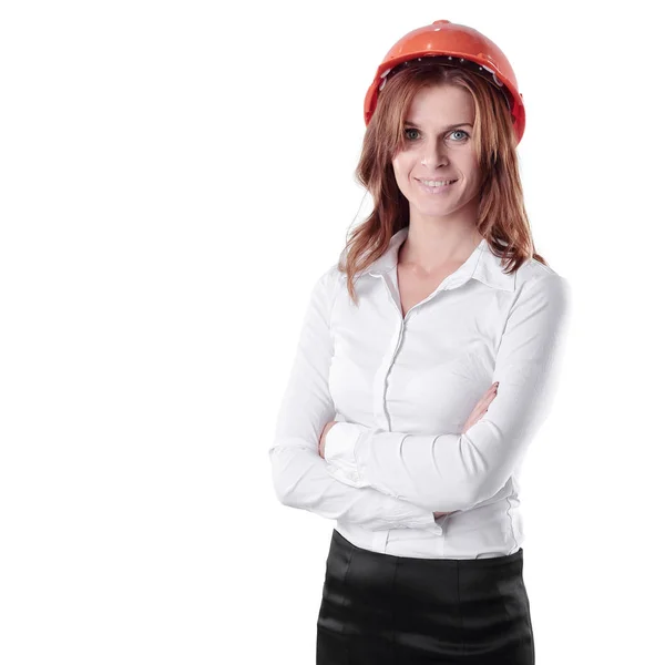 Portrait of a young woman architect in the orange helmet — Stock Photo, Image