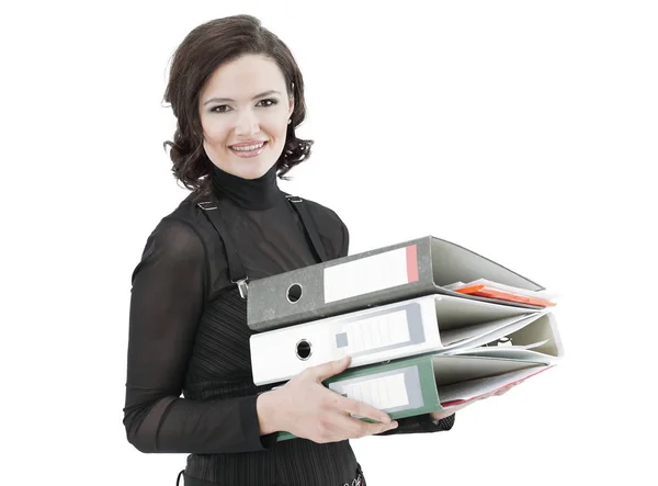 Portrait of young business woman with documents — Stock Photo, Image