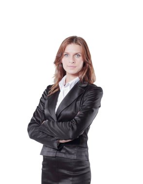 Siyah takım elbiseli kendine güvenen genç iş kadınının portresi.