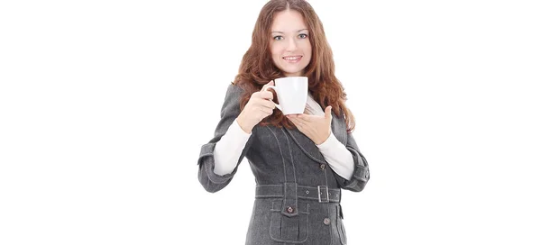 Primo piano.donna d'affari di successo con una tazza di caffè . — Foto Stock