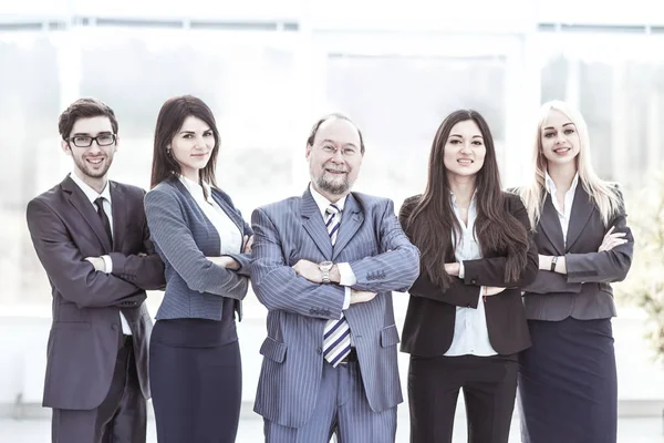 Porträtt av framgångsrik affärsman och business team stående tillsammans med armarna korsade framför honom — Stockfoto