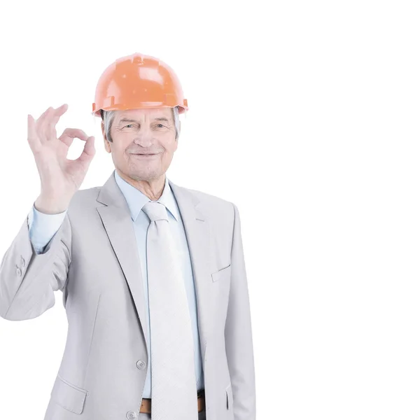 Senior engineer showing OK sign. isolated on white — Stock Photo, Image