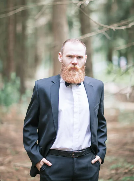 Portréja egy sikeres üzletember, az öltöny és a nyakkendő egy erdő háttér — Stock Fotó