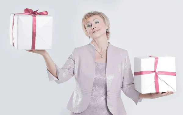 Closeup.beautiful woman with two gift boxes — Stock Photo, Image