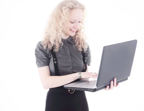 Ung affärskvinna som arbetar på laptop.isolated på vit — Stockfoto