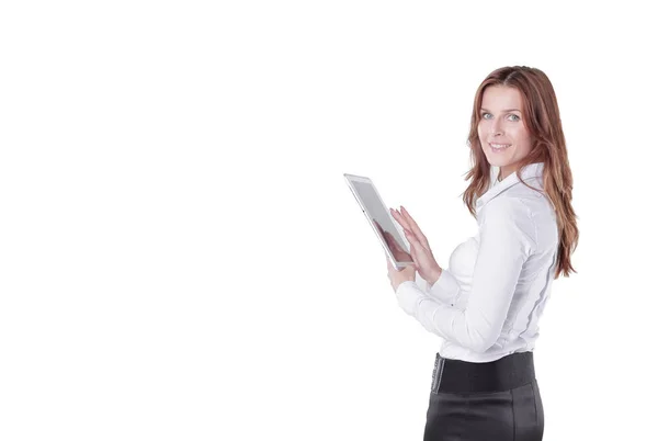 デジタル タブレットを使用して近代的なビジネス女性。白で隔離 — ストック写真
