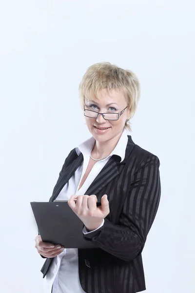 Mujeres de negocios modernas con documents.isolated en blanco . —  Fotos de Stock