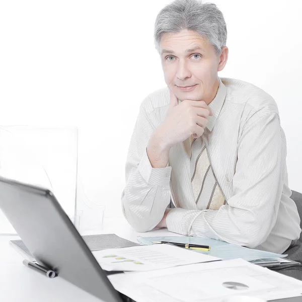 Confident Businessman Sitting His Workplace Office Photo Copy Space — Stock Photo, Image