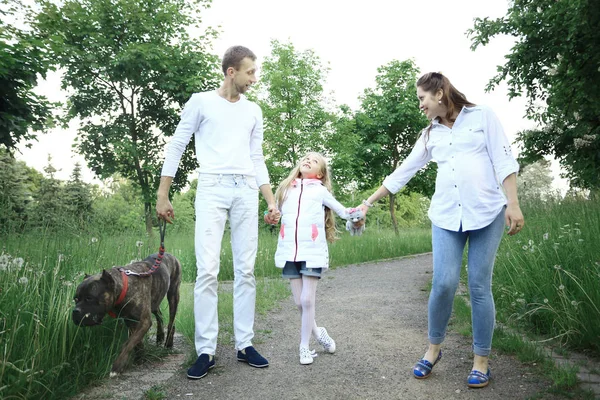 Malá holčička se svými rodiči a psa v parku — Stock fotografie