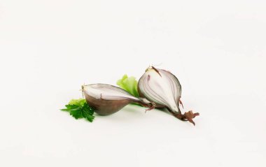 Soğan ve kozalak kes. Beyaz bir arkaplanda izole edilmiş.