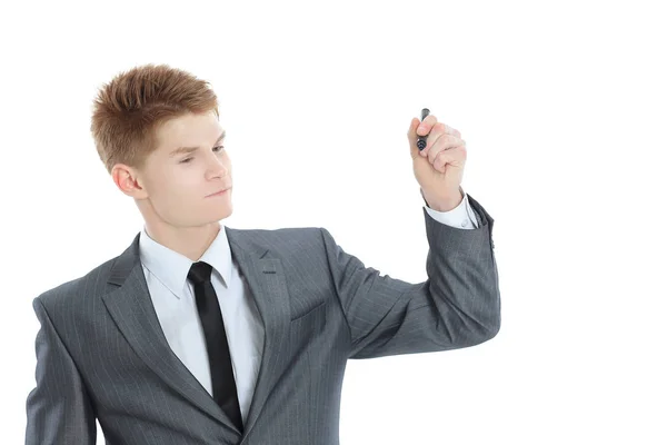 Hombre de negocios señalando con un marcador en el punto virtual. — Foto de Stock