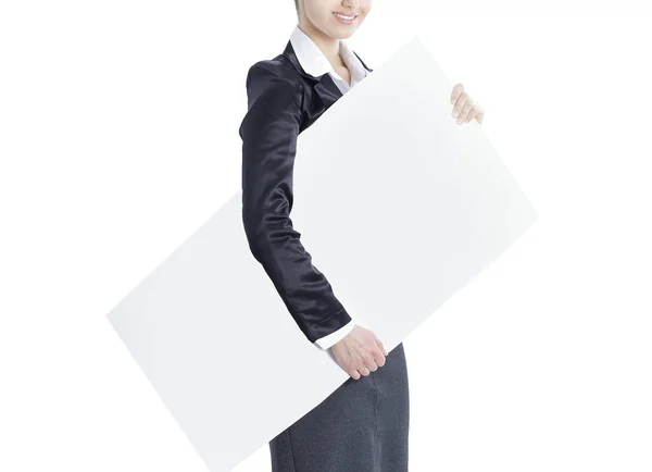 Kobieta biznesu Closeup.Smiling posiadających duże pusty transparent. — Zdjęcie stockowe