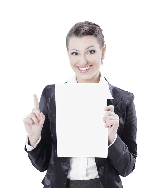 Joven Mujer Negocios Mostrando Signo Exclamación Isolated Sobre Fondo Blanco — Foto de Stock