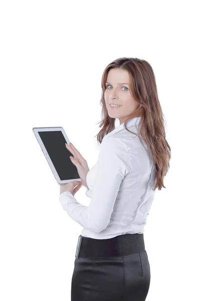 Σύγχρονη επιχείρηση γυναίκα χρησιμοποιώντας ένα ψηφιακό tablet. απομονωμένα σε λευκό — Φωτογραφία Αρχείου