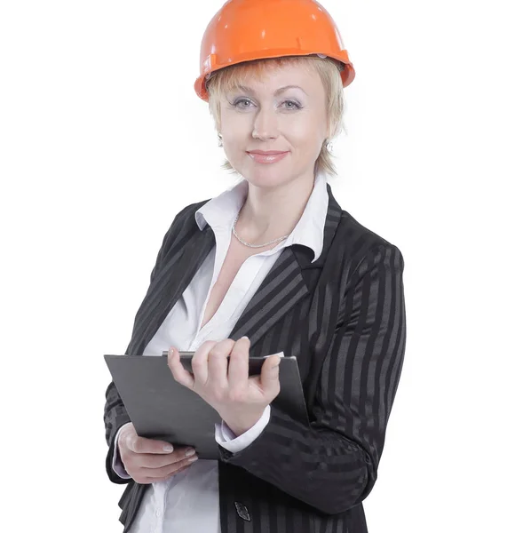 Portrait of a female architect with documents.isolated on white — Stock Photo, Image