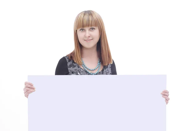 Jovem mulher de negócios mostrando cartaz em branco .isolated no branco — Fotografia de Stock