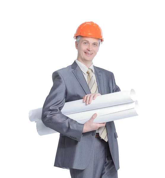 Portrait of confident engineer architect with the drawings — Stock Photo, Image