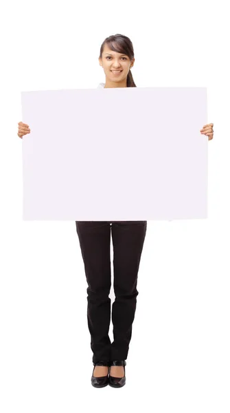 Closeup.young business woman showing blank banner. — Stock Photo, Image