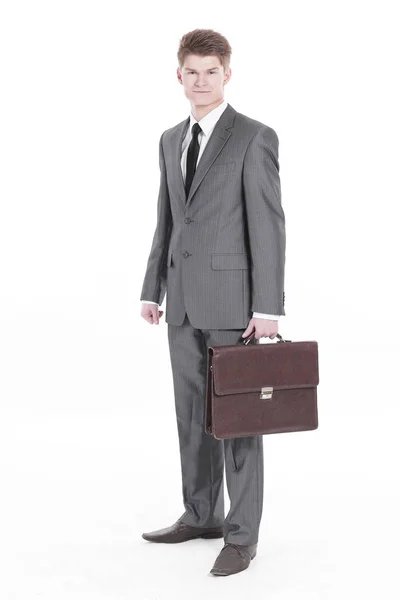 In full growth.young businessman with a leather briefcase. — Stock Photo, Image