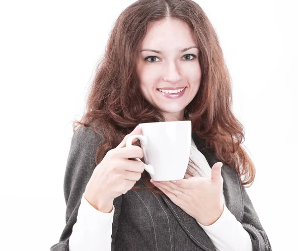 Closeup.successful mulher de negócios com uma xícara de café . — Fotografia de Stock