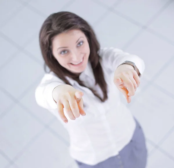 View from the top.in full growth.successful business woman showing forward — Stock Photo, Image