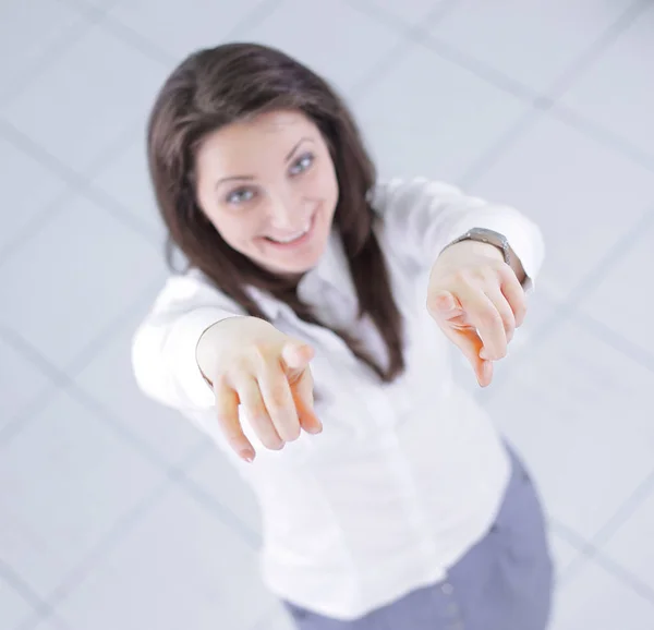 Vista desde el top.in completo growth.successful mujer de negocios mostrando hacia adelante — Foto de Stock