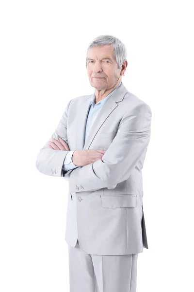 Senior businessman standing with arms crossed on white background — Stock Photo, Image