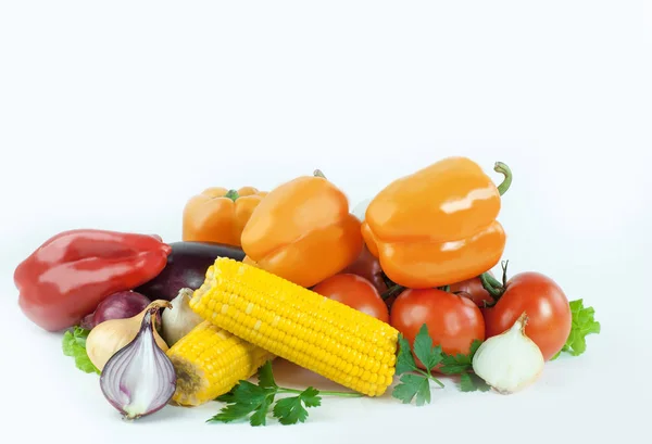 Sweet pepper,eggplant,tomato and corn.isolated on a white backgr — Stock Photo, Image