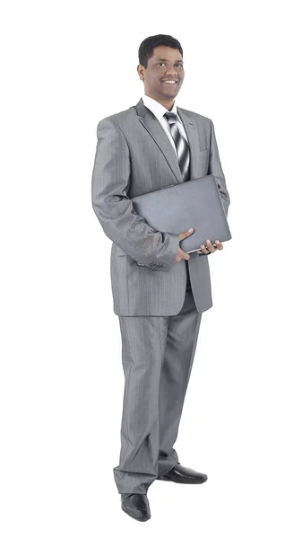 Homem de negócios bonito com um laptop .isolated no branco — Fotografia de Stock